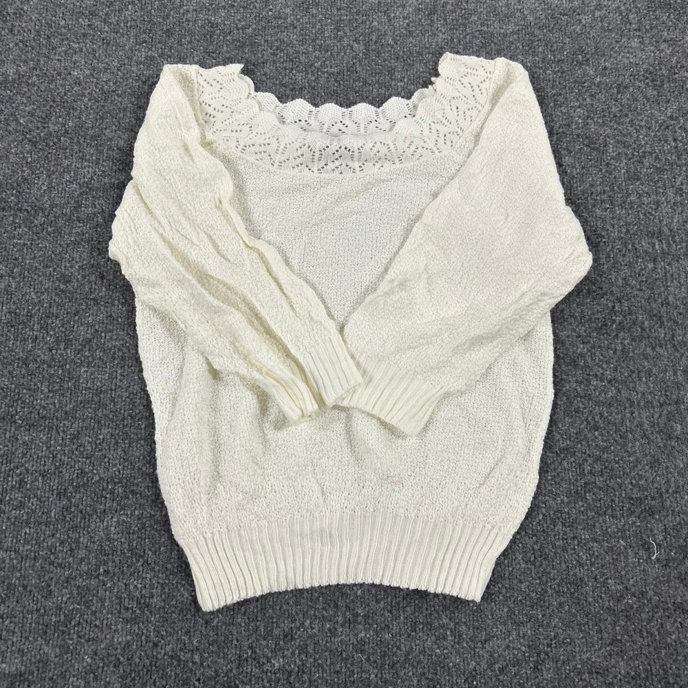 Adele Knitwear Sweater Womens Size M Cream Crochet Lace Neck USA Vintage Knit